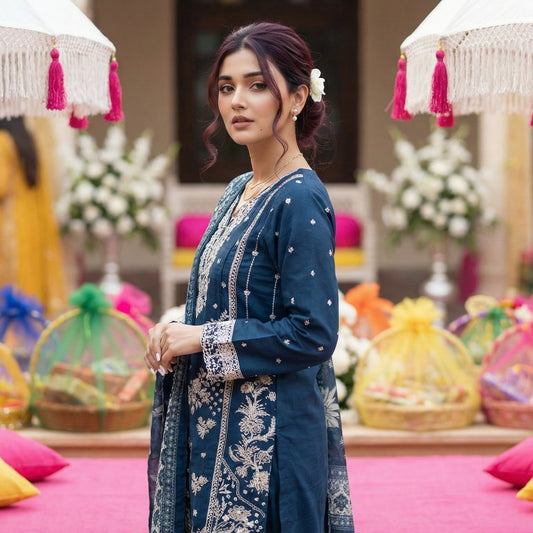 Twilight Indigo: Embroidered 3-Piece Cotton Lawn