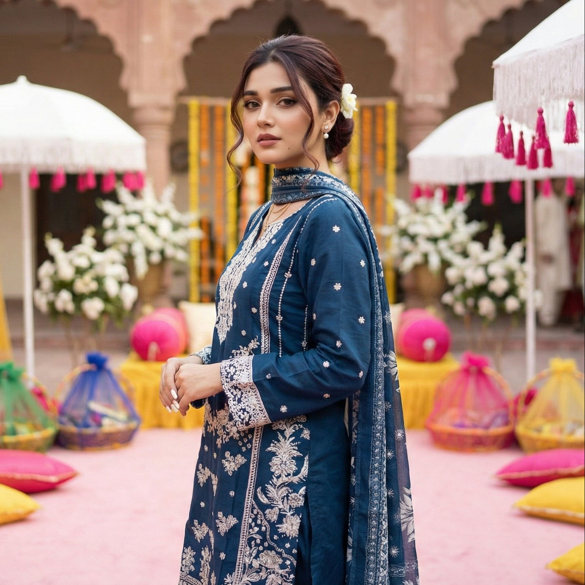 Twilight Indigo: Embroidered 3-Piece Cotton Lawn