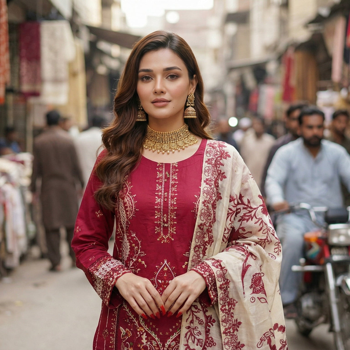 Scarlet Charm: Embroidered 3-Piece Cotton Lawn