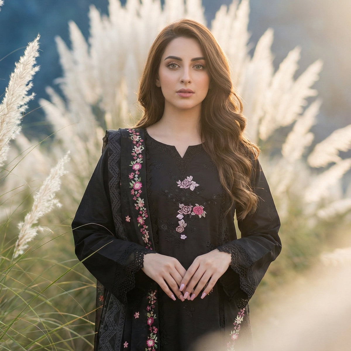 Sovereign Noir: Embroidered 3-Piece Cotton Lawn