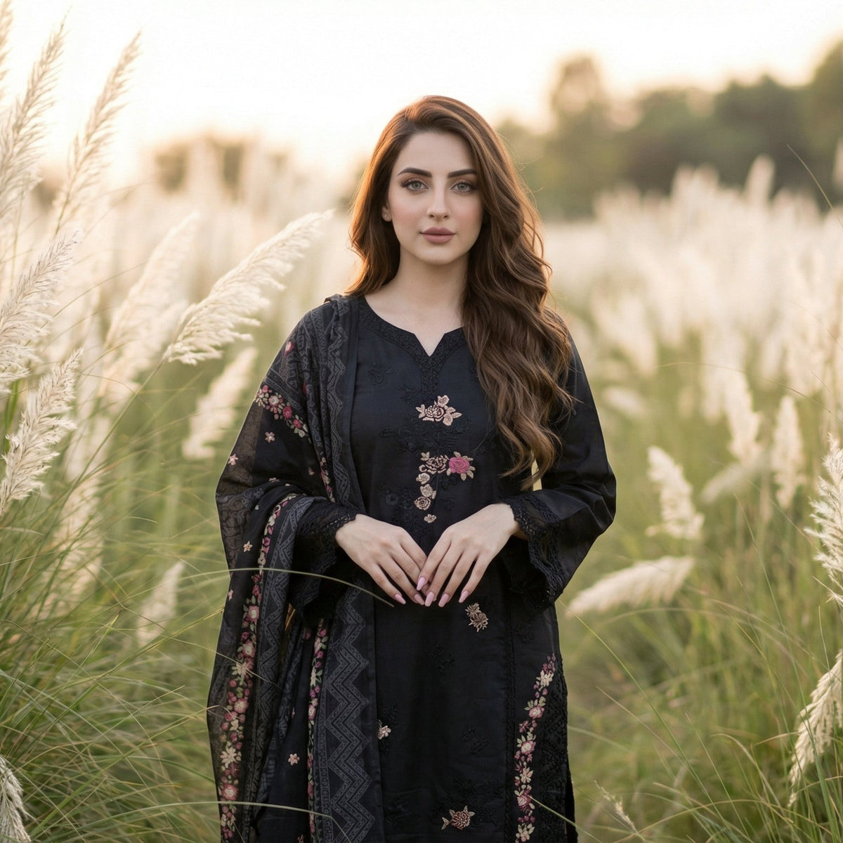 Sovereign Noir: Embroidered 3-Piece Cotton Lawn