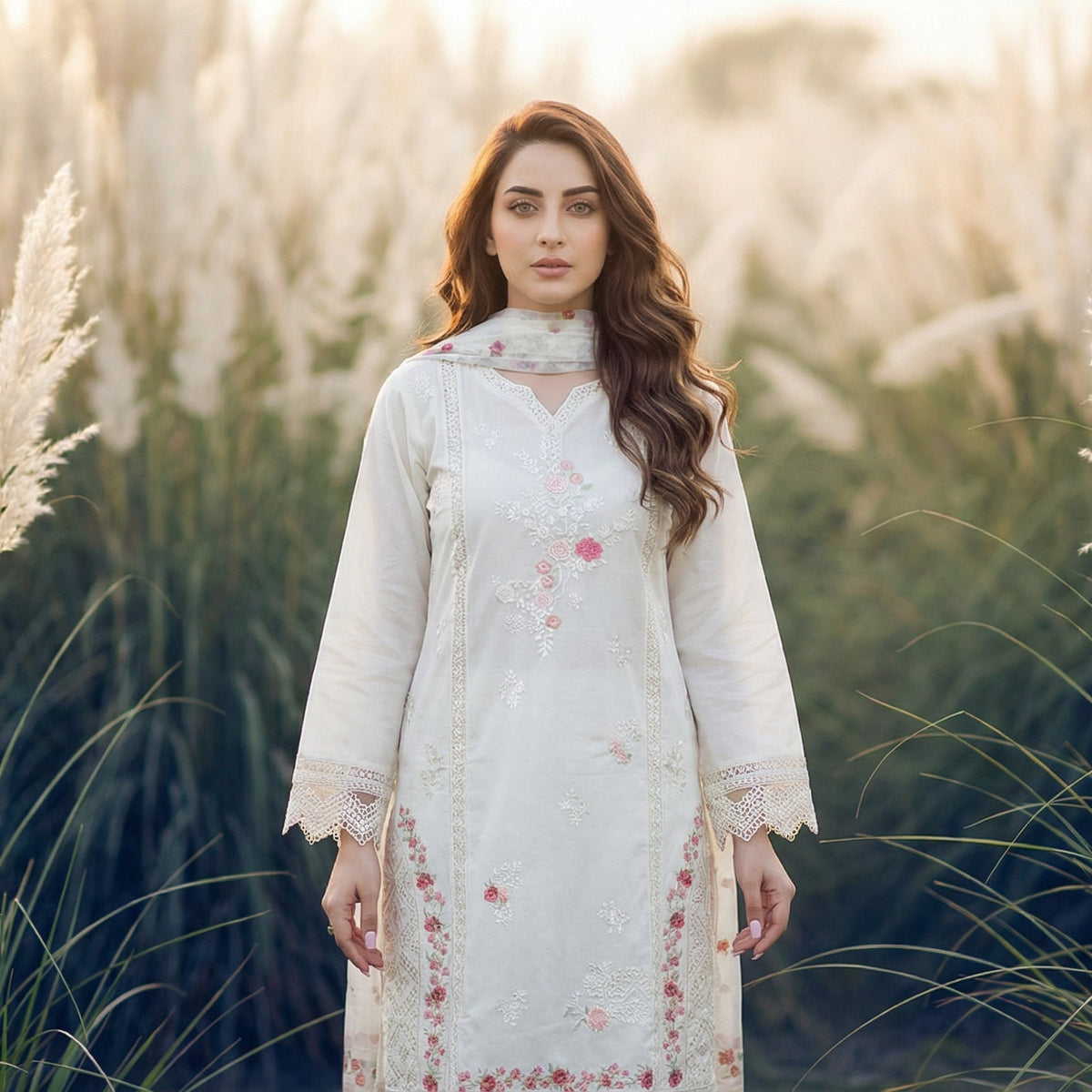 Alabaster Blossom: Embroidered. 3-Piece Lawn Cotton