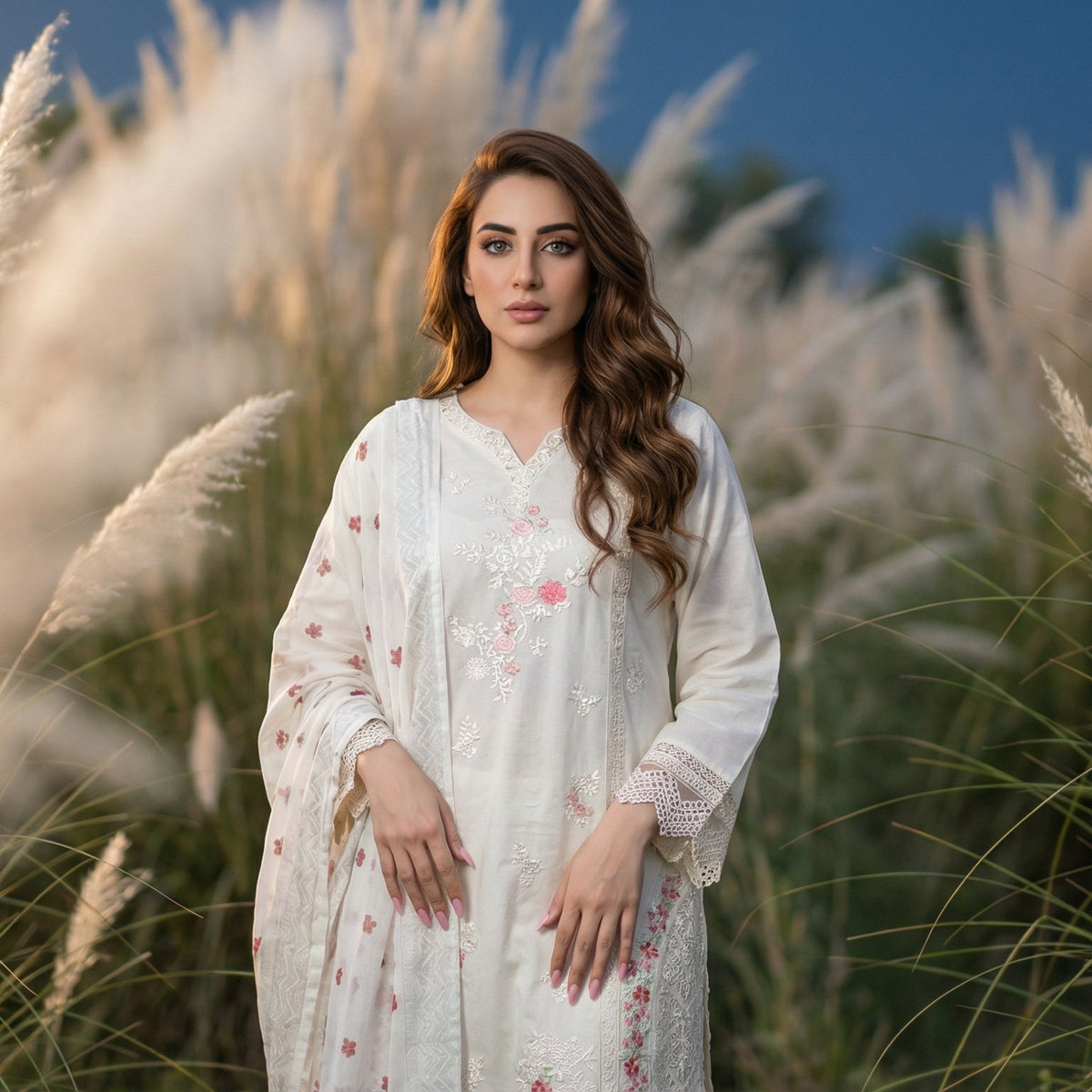 Alabaster Blossom: Embroidered. 3-Piece Lawn Cotton