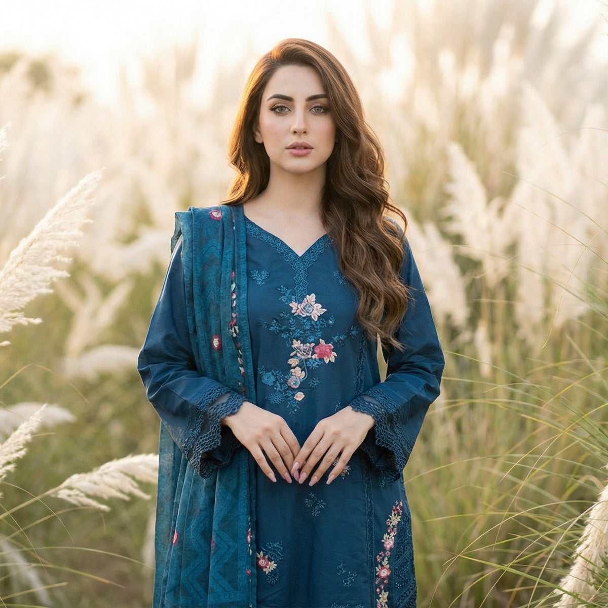 Azure Nocturne: Embroidered 3-Piece Cotton Dawn