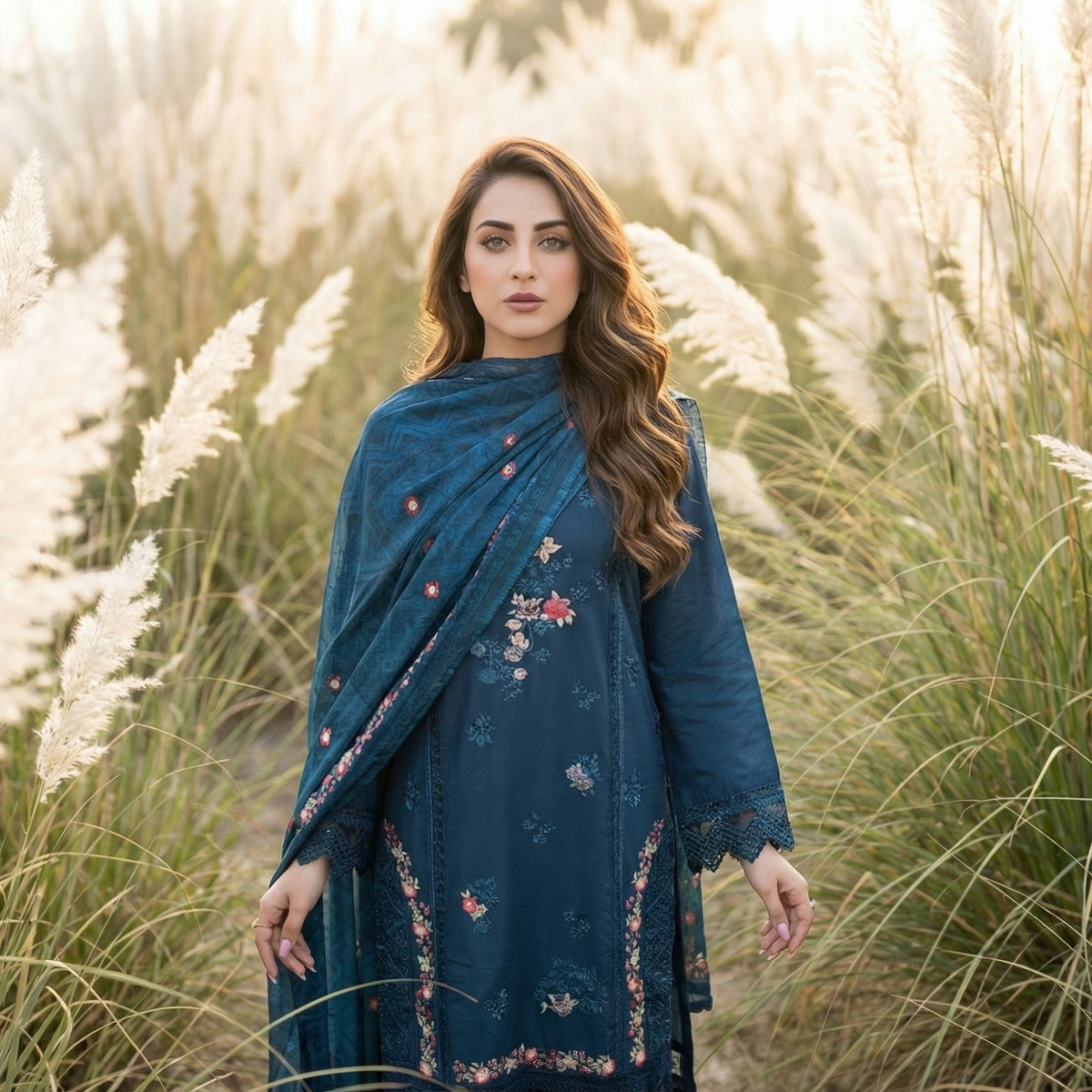 Azure Nocturne: Embroidered 3-Piece Cotton Dawn