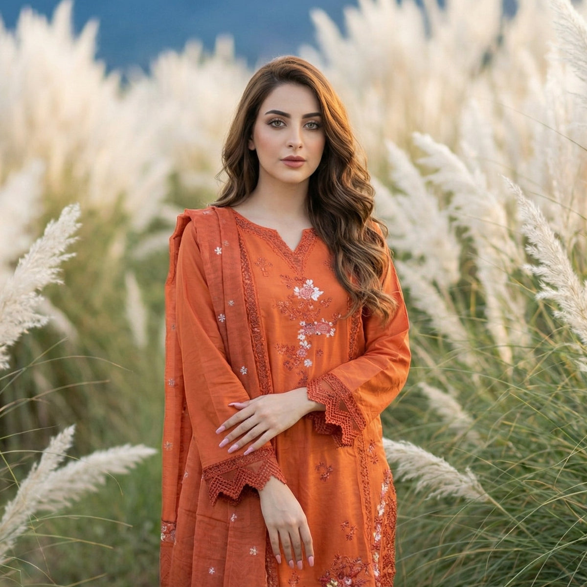 Amber Rust: Embroidered 3-Piece Cotton Lawn