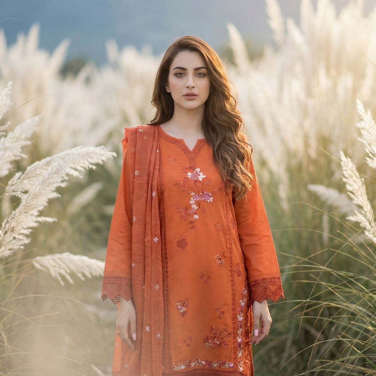 Amber Rust: Embroidered 3-Piece Cotton Lawn