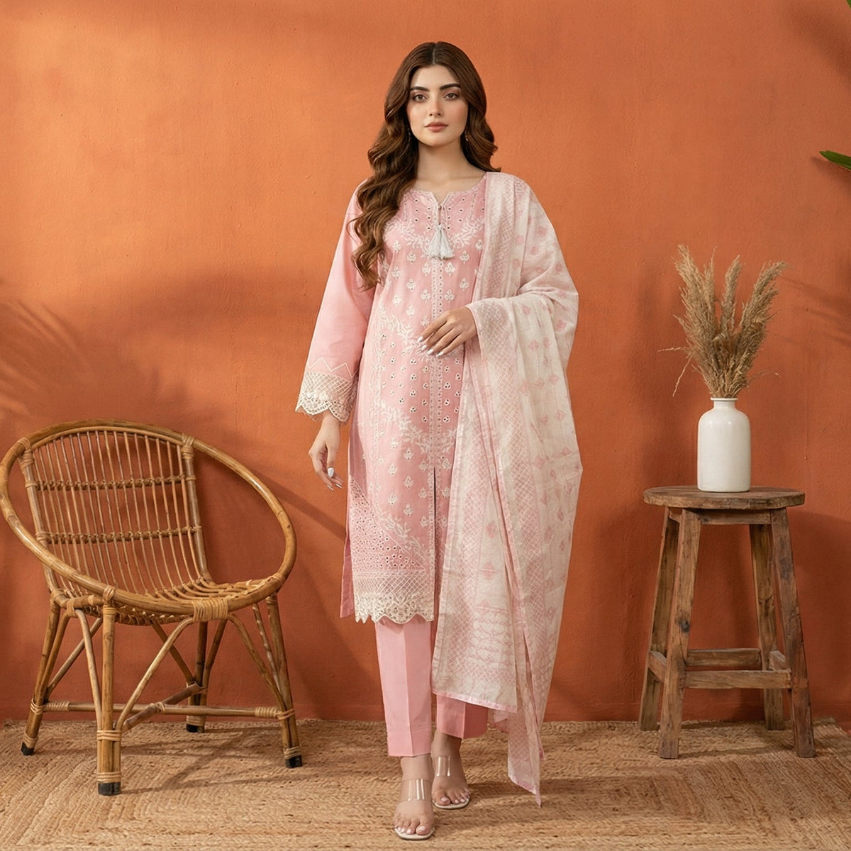Ethereal Blush: Embroidered 3-Piece Cotton Lawn