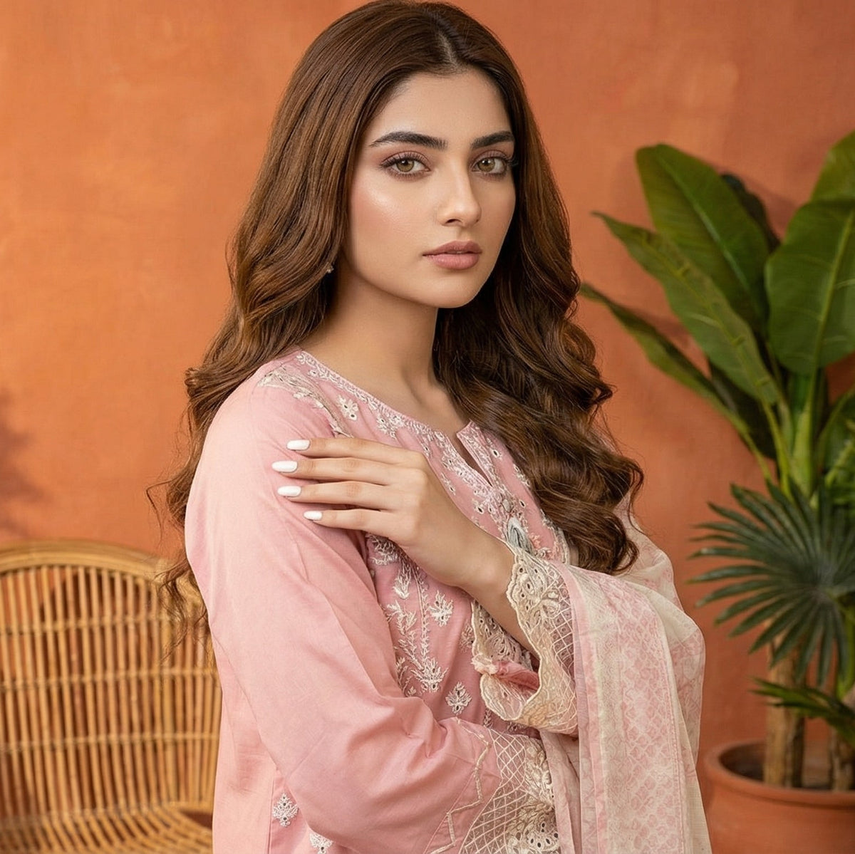 Ethereal Blush: Embroidered 3-Piece Cotton Lawn