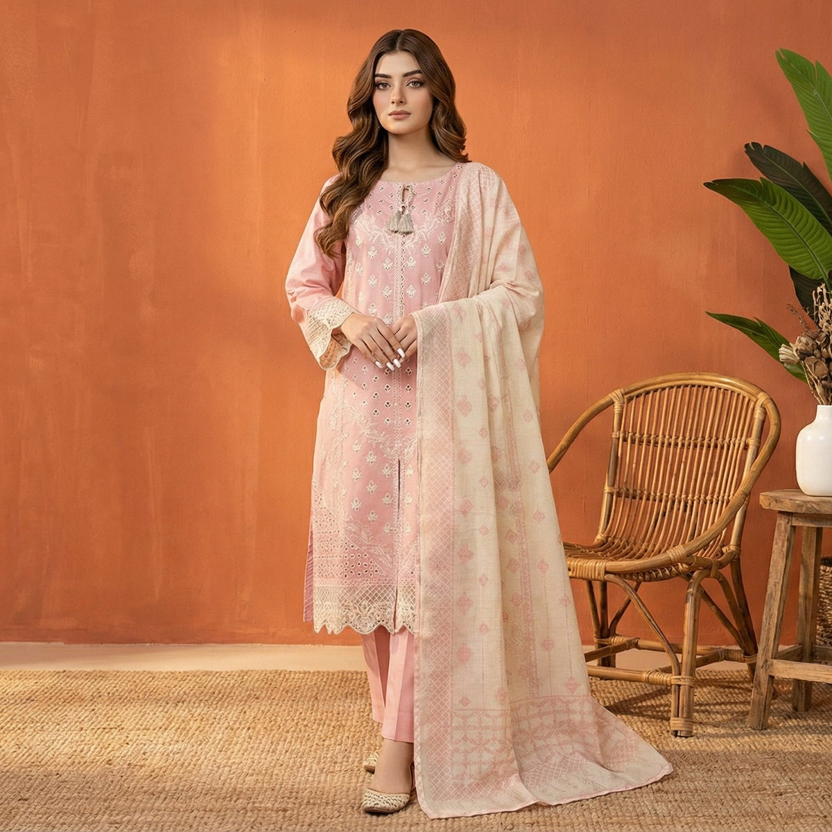 Ethereal Blush: Embroidered 3-Piece Cotton Lawn