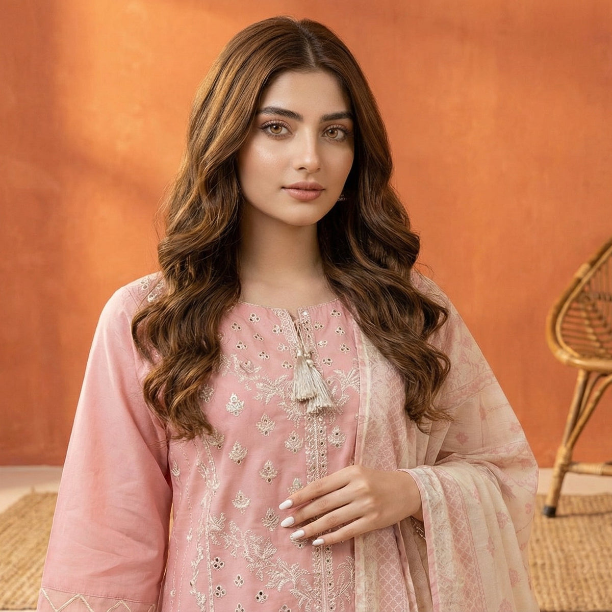 Ethereal Blush: Embroidered 3-Piece Cotton Lawn