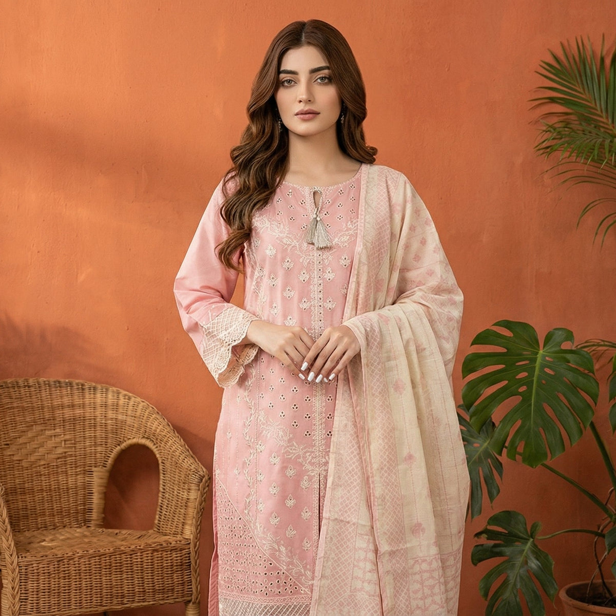 Ethereal Blush: Embroidered 3-Piece Cotton Lawn