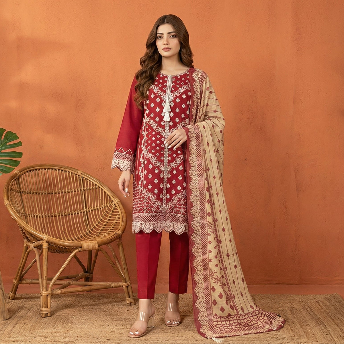 Crimson Heritage: Embroidered 3-Piece Cotton Lawn