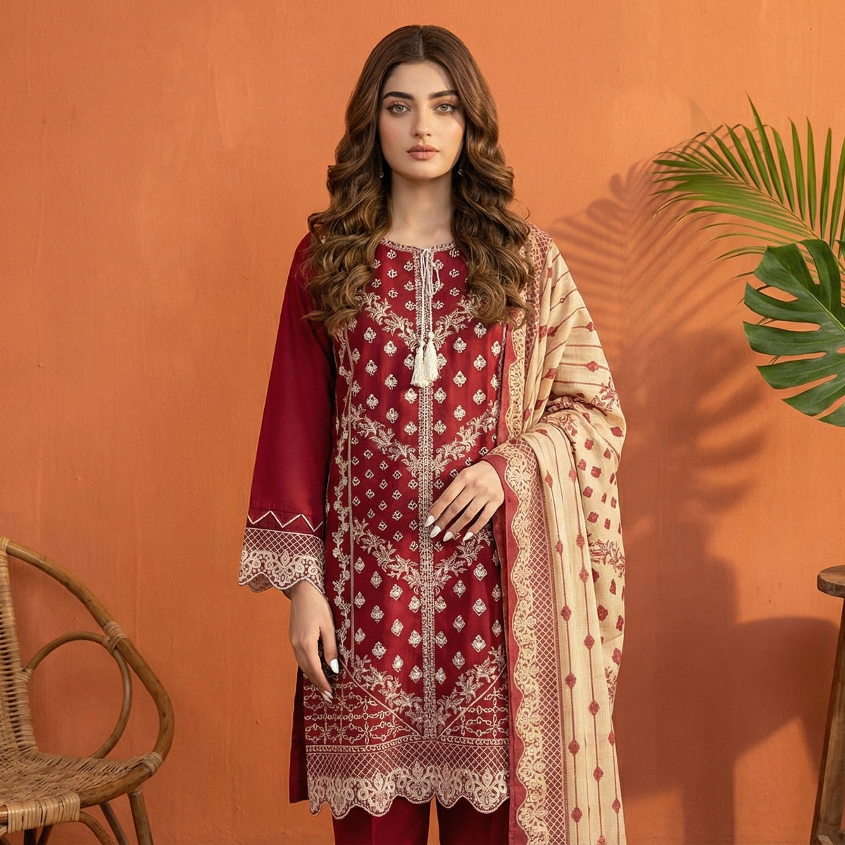 Crimson Heritage: Embroidered 3-Piece Cotton Lawn