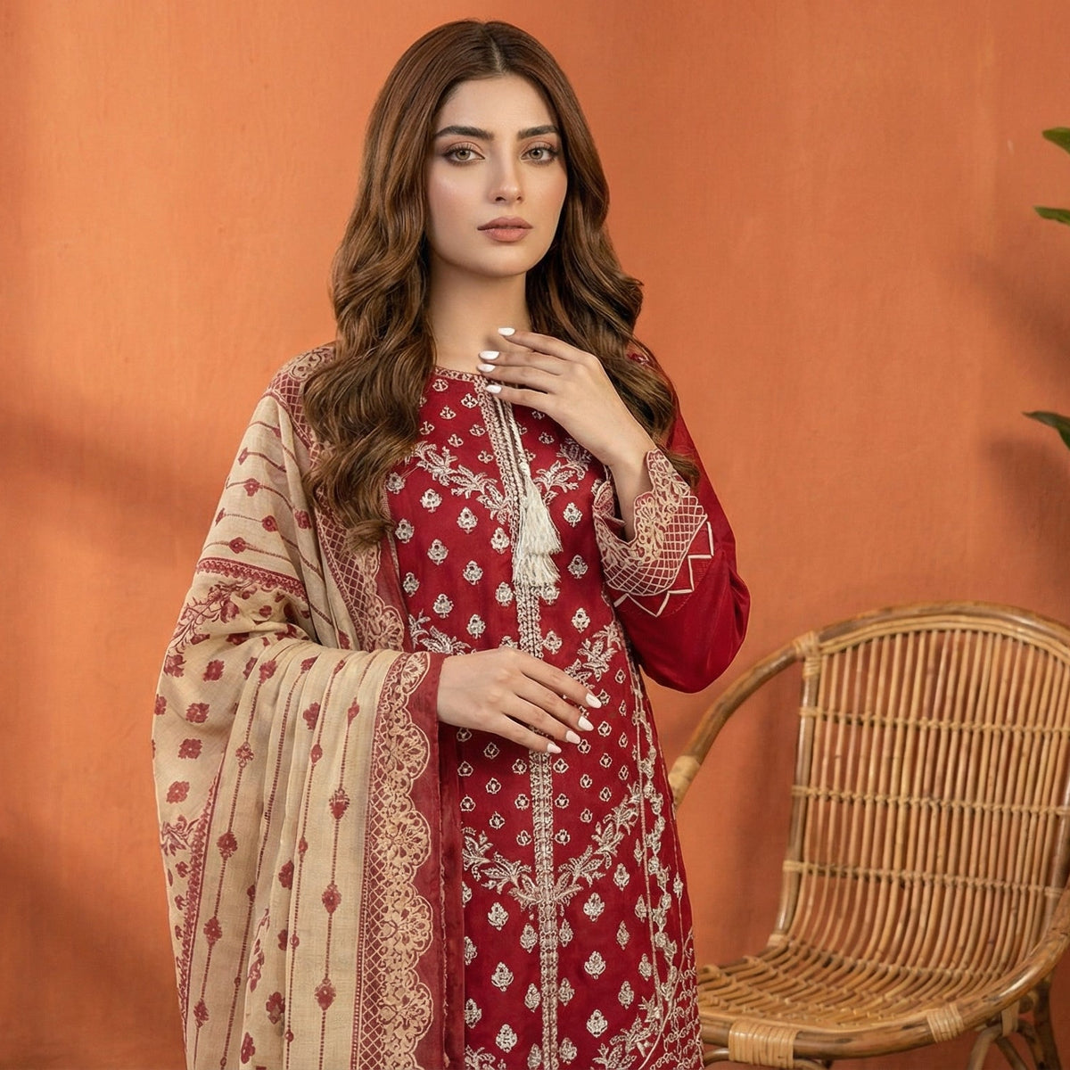 Crimson Heritage: Embroidered 3-Piece Cotton Lawn