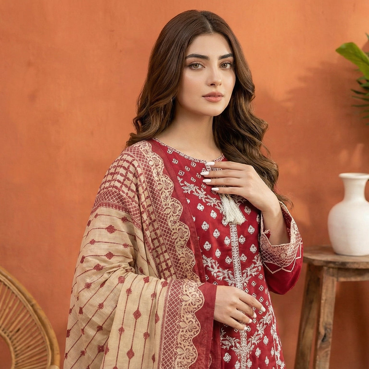 Crimson Heritage: Embroidered 3-Piece Cotton Lawn