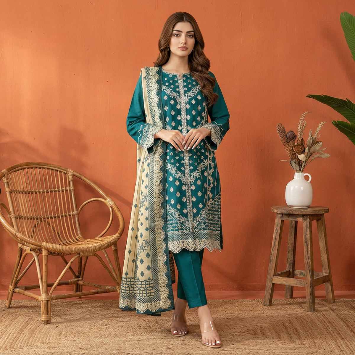 Teal Radiance: Embroidered 3-Piece Cotton Lawn