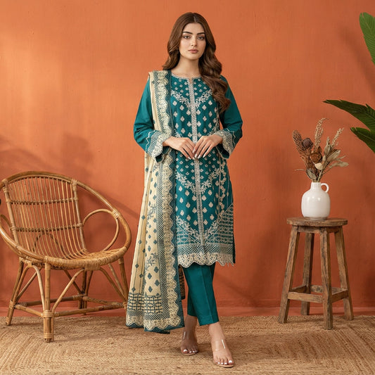 Teal Radiance: Embroidered 3-Piece Cotton Lawn