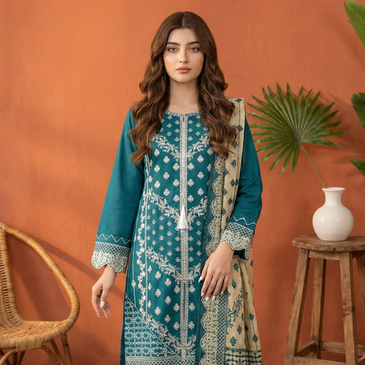 Teal Radiance: Embroidered 3-Piece Cotton Lawn
