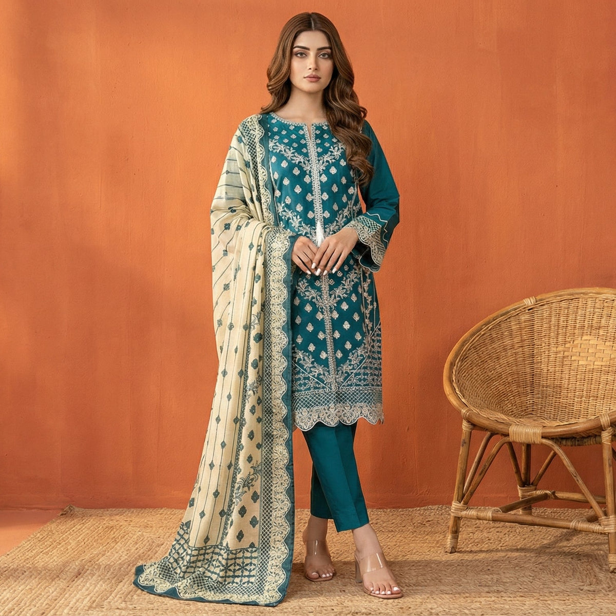 Teal Radiance: Embroidered 3-Piece Cotton Lawn