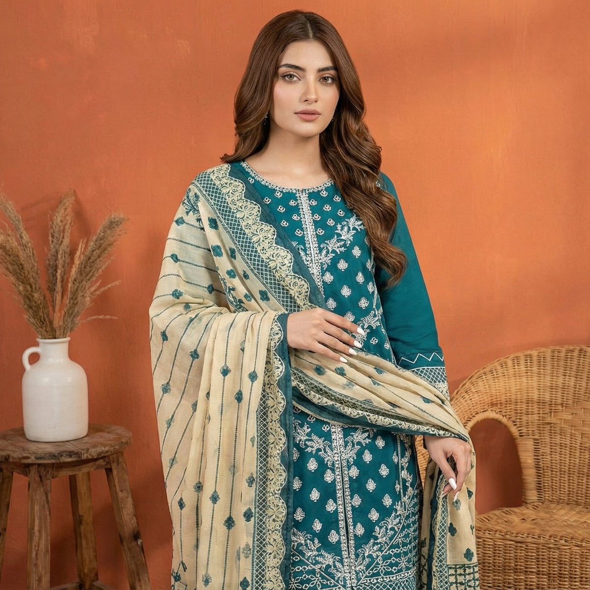 Teal Radiance: Embroidered 3-Piece Cotton Lawn