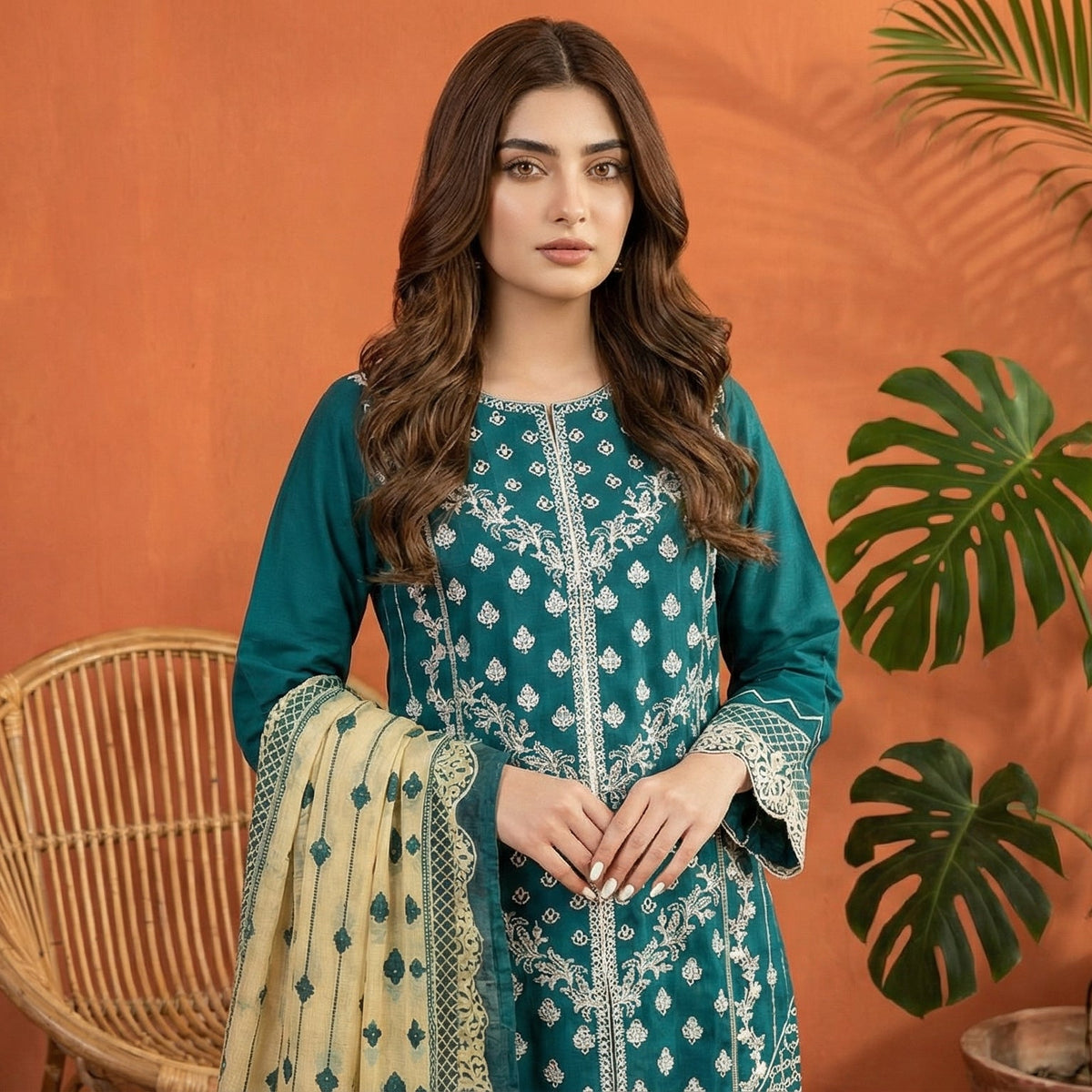 Teal Radiance: Embroidered 3-Piece Cotton Lawn