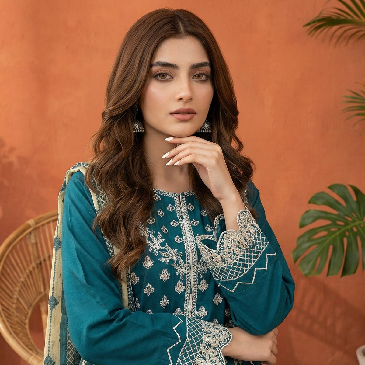 Teal Radiance: Embroidered 3-Piece Cotton Lawn