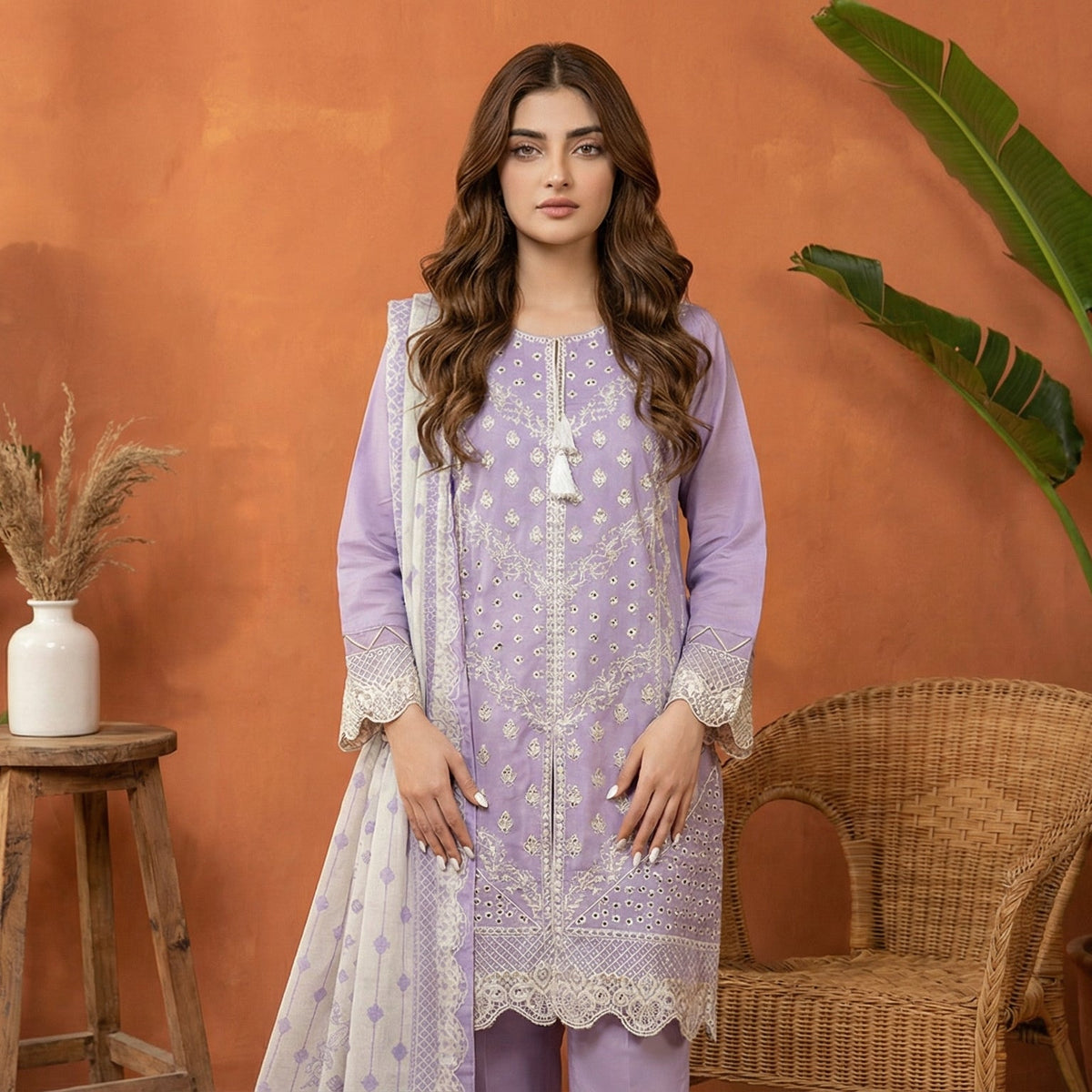 Lavender Serenity: Embroidered 3-Piece Cotton Lawn