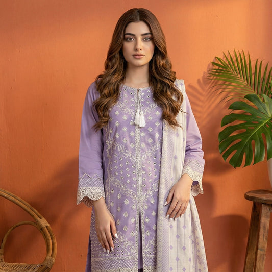 Lavender Serenity: Embroidered 3-Piece Cotton Lawn