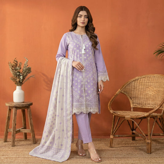 Lavender Serenity: Embroidered 3-Piece Cotton Lawn