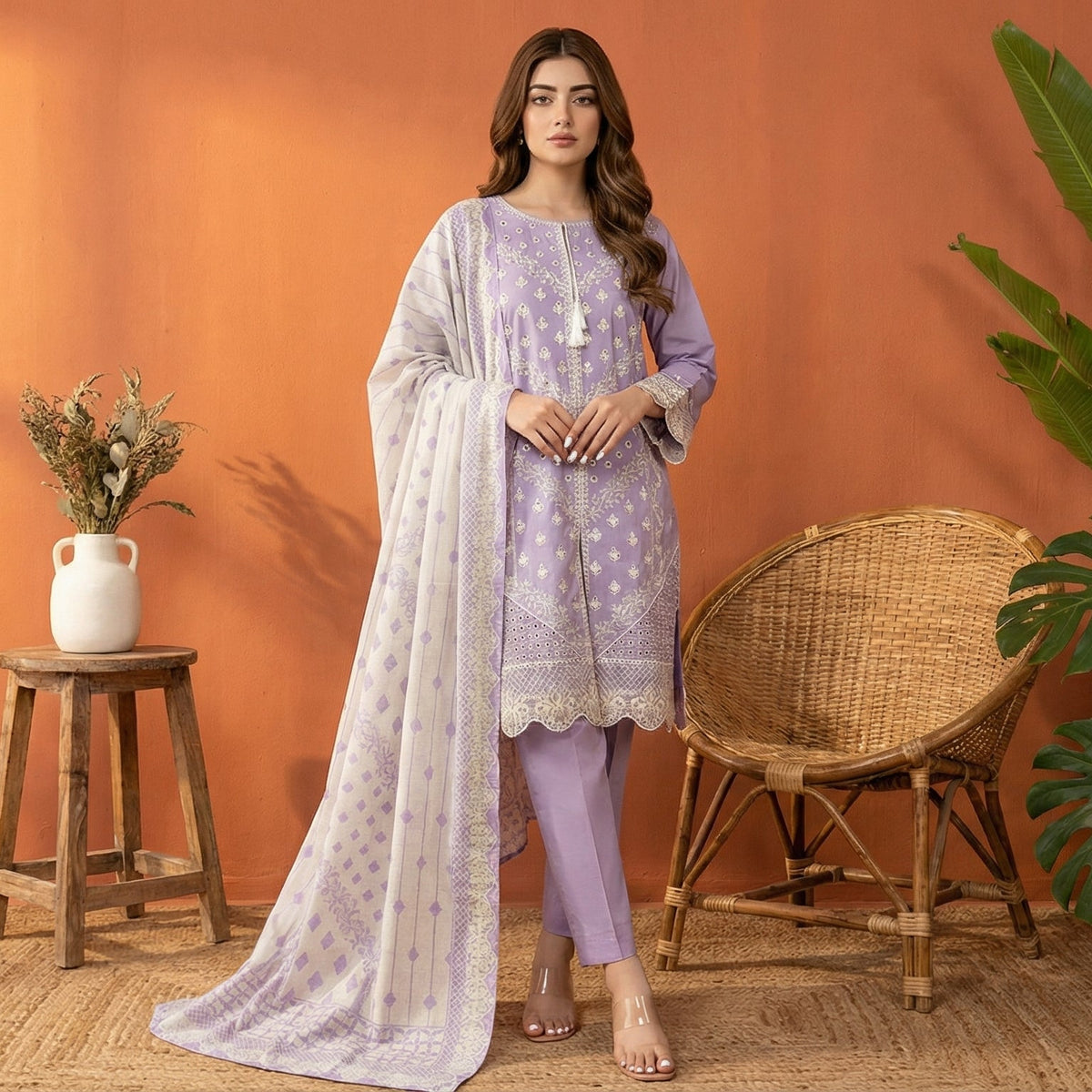 Lavender Serenity: Embroidered 3-Piece Cotton Lawn