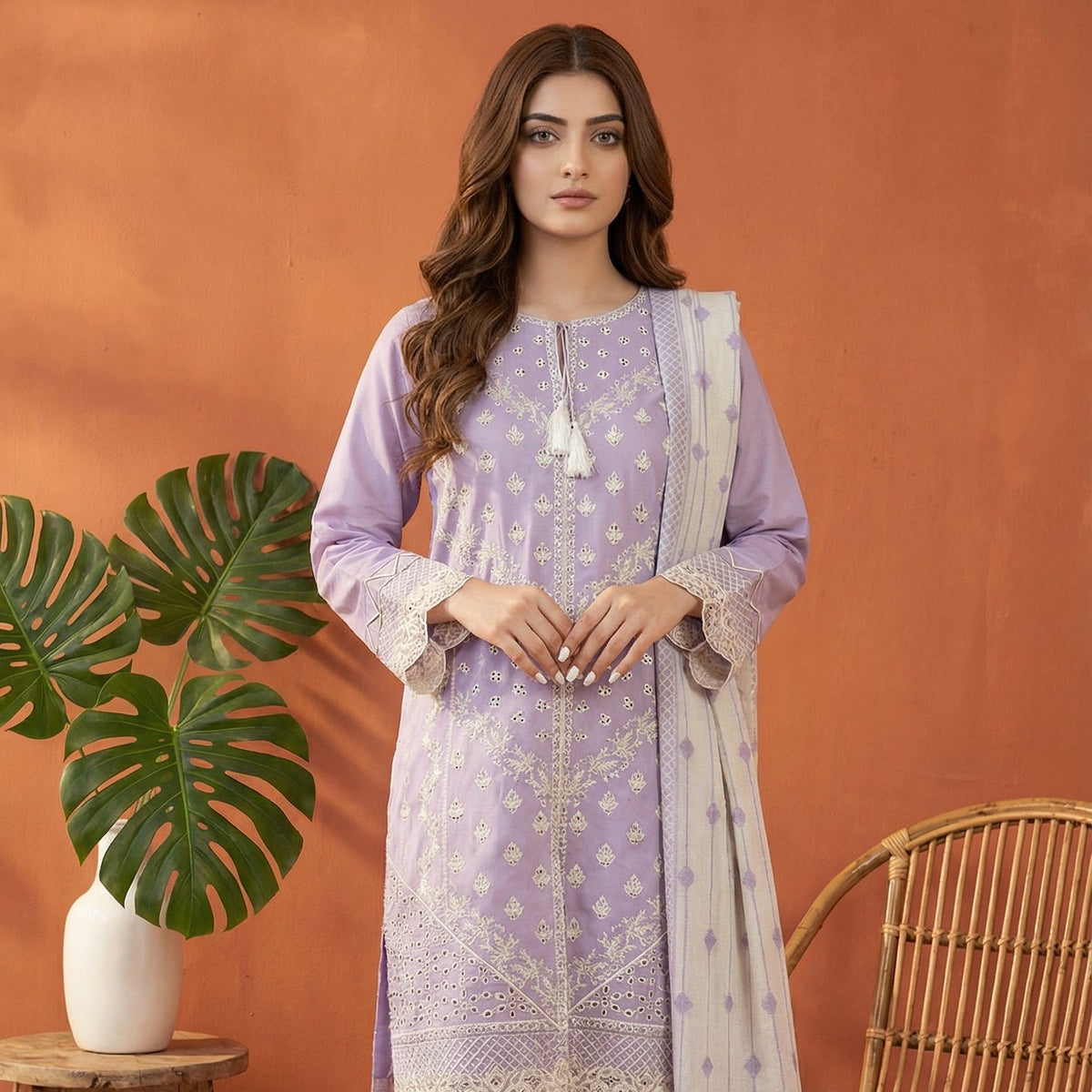 Lavender Serenity: Embroidered 3-Piece Cotton Lawn