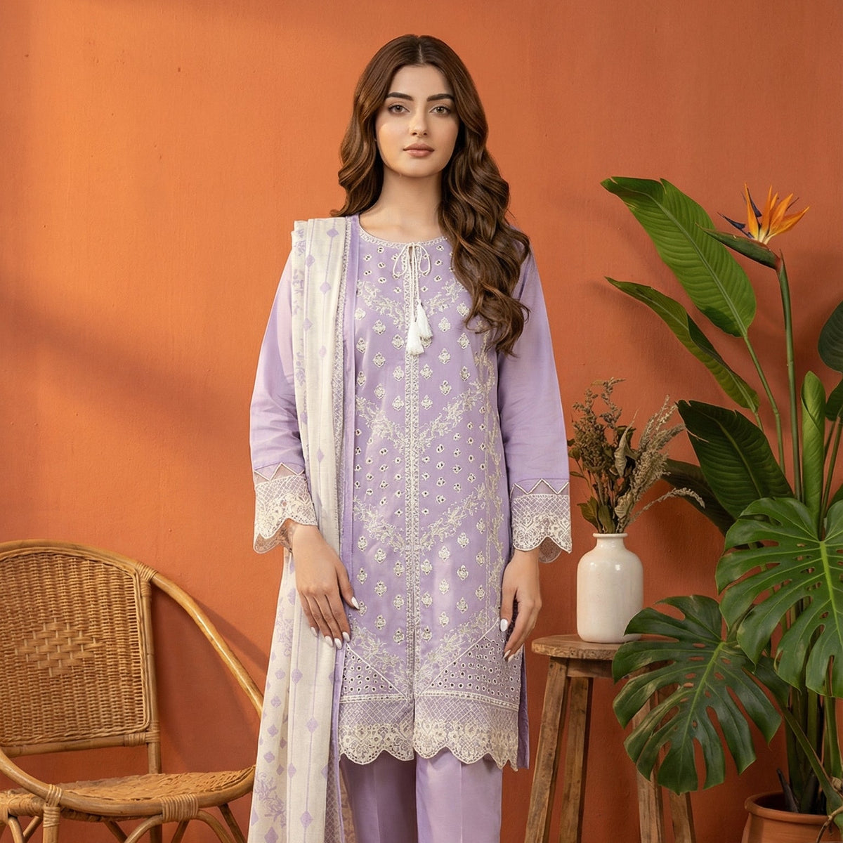 Lavender Serenity: Embroidered 3-Piece Cotton Lawn