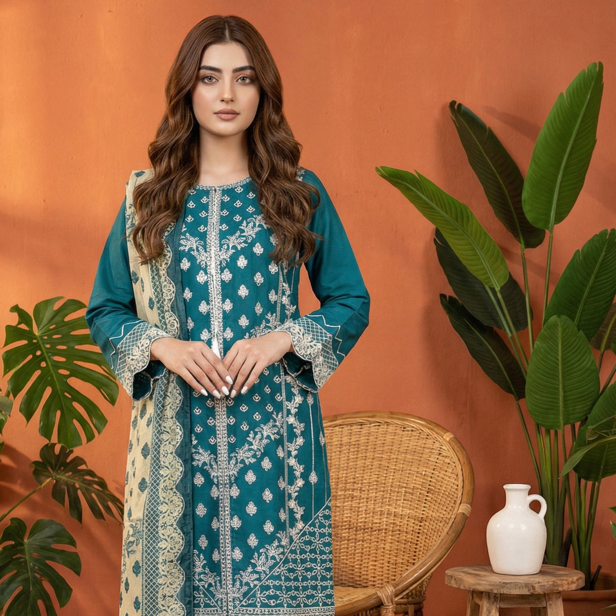 Teal Radiance: Embroidered 3-Piece Cotton Lawn