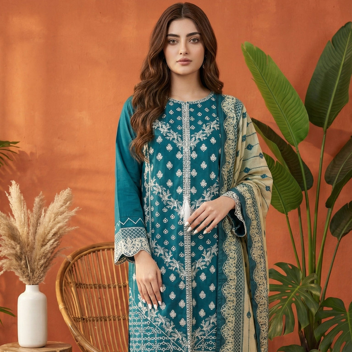 Teal Radiance: Embroidered 3-Piece Cotton Lawn