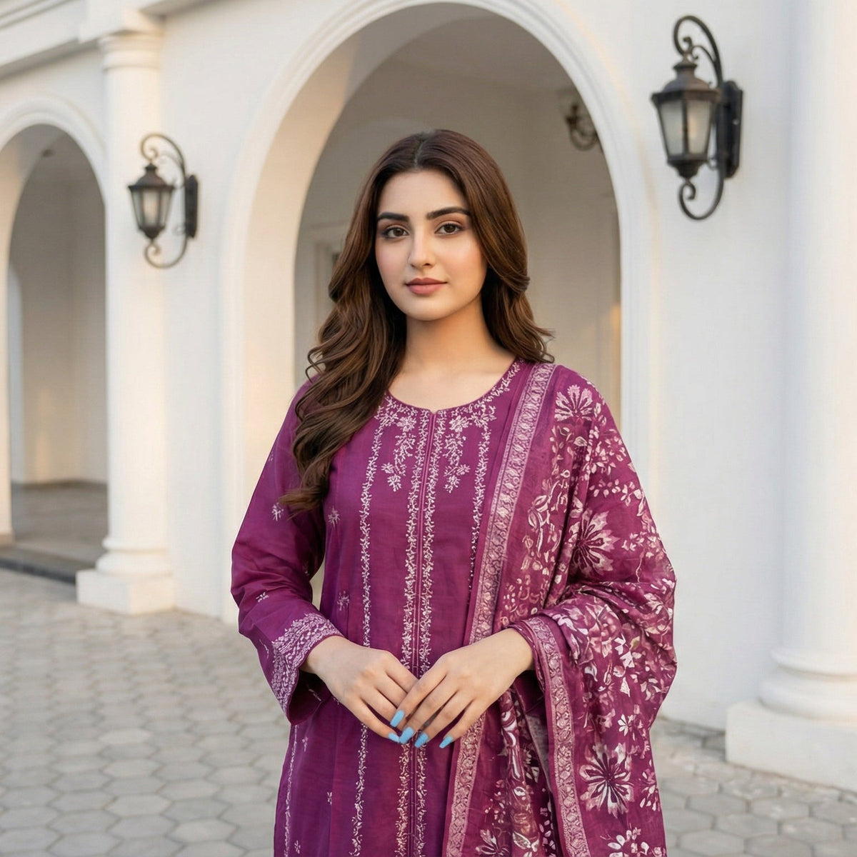 Orchid Dusk: Embroidered 3-Piece Cotton Lawn