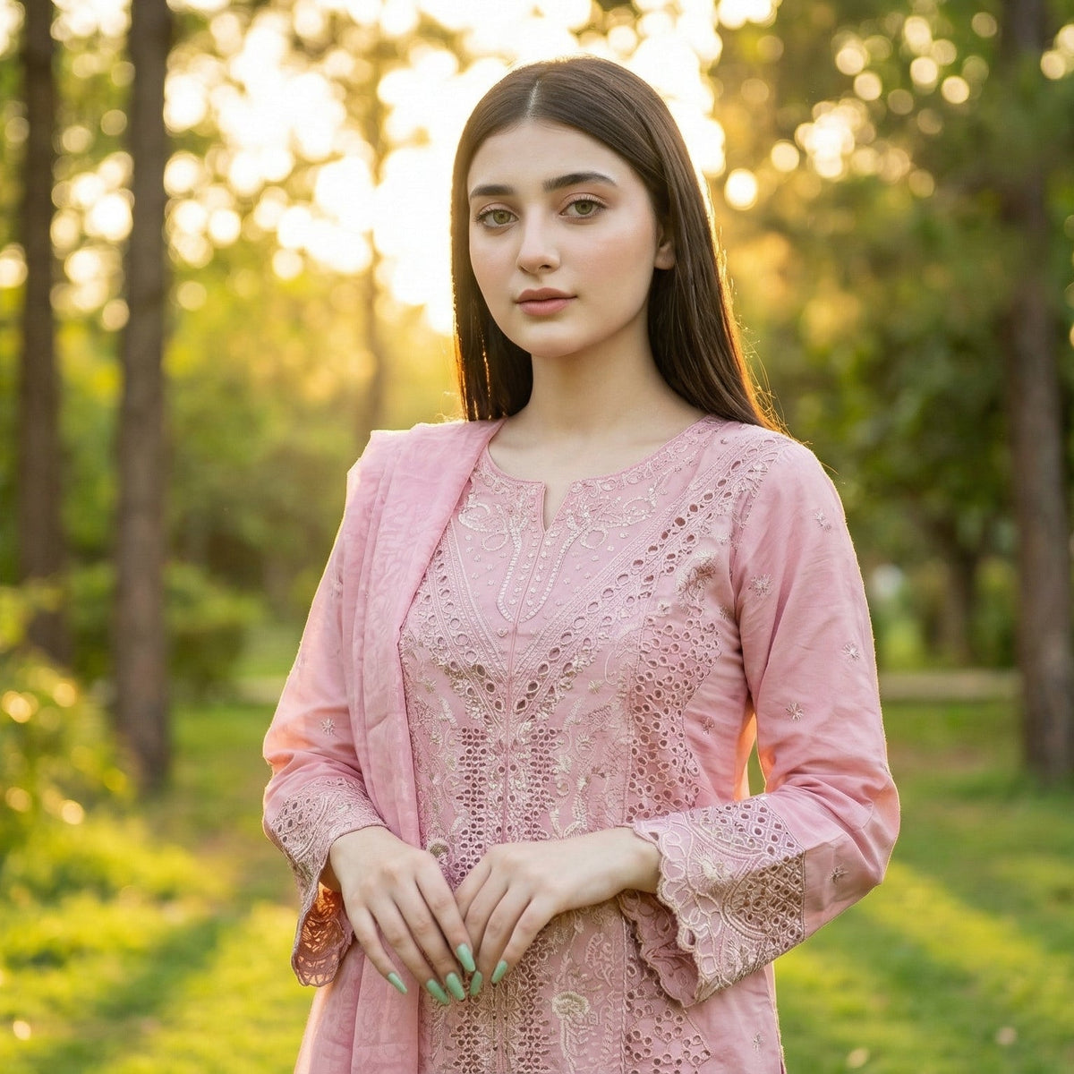 Serene Rose: Embroidered 3-Piece Cotton Lawn