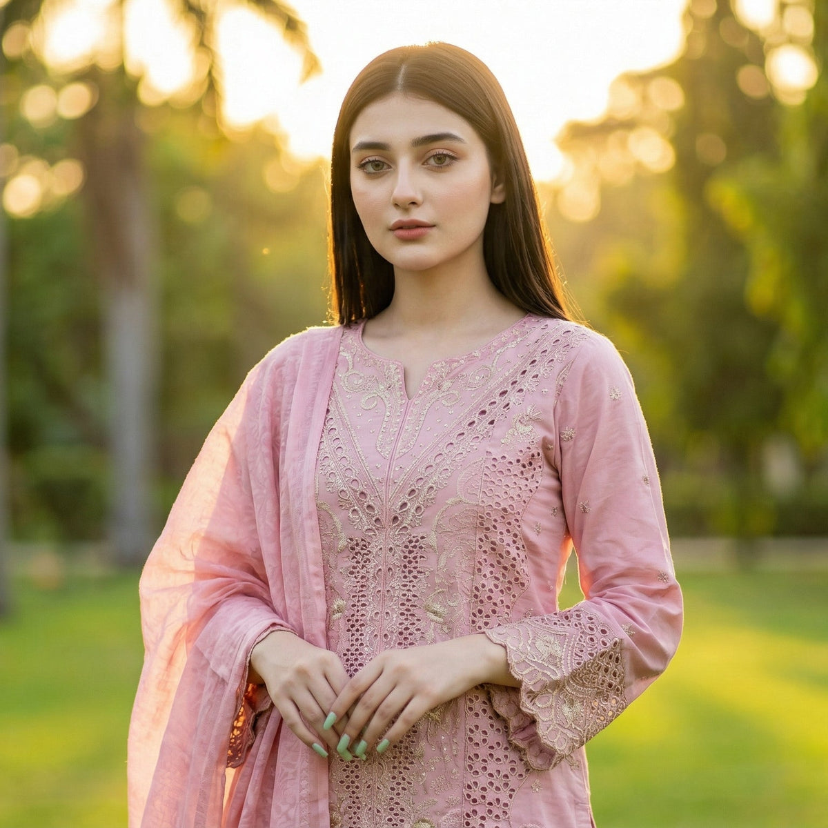 Serene Rose: Embroidered 3-Piece Cotton Lawn