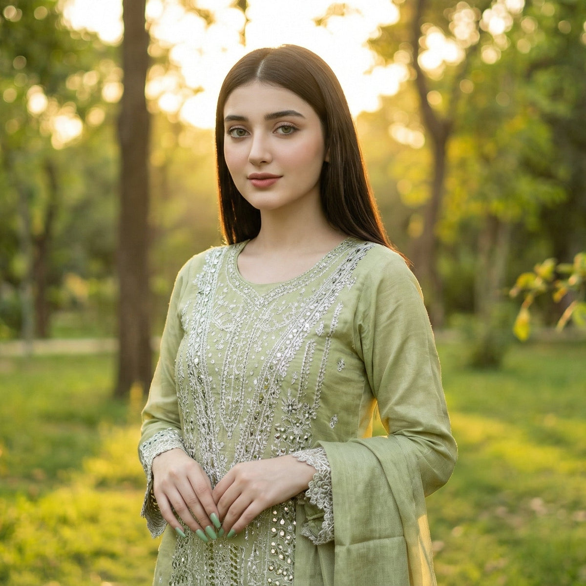 Minted Glitz: Embroidered 3-Piece Cotton Lawn