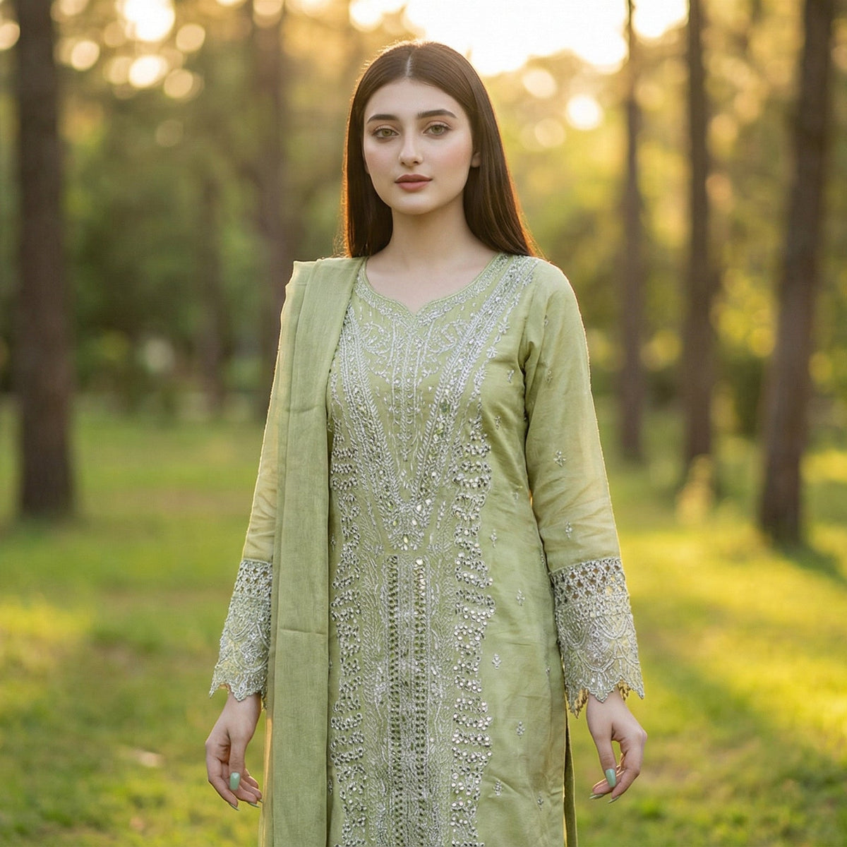 Minted Glitz: Embroidered 3-Piece Cotton Lawn
