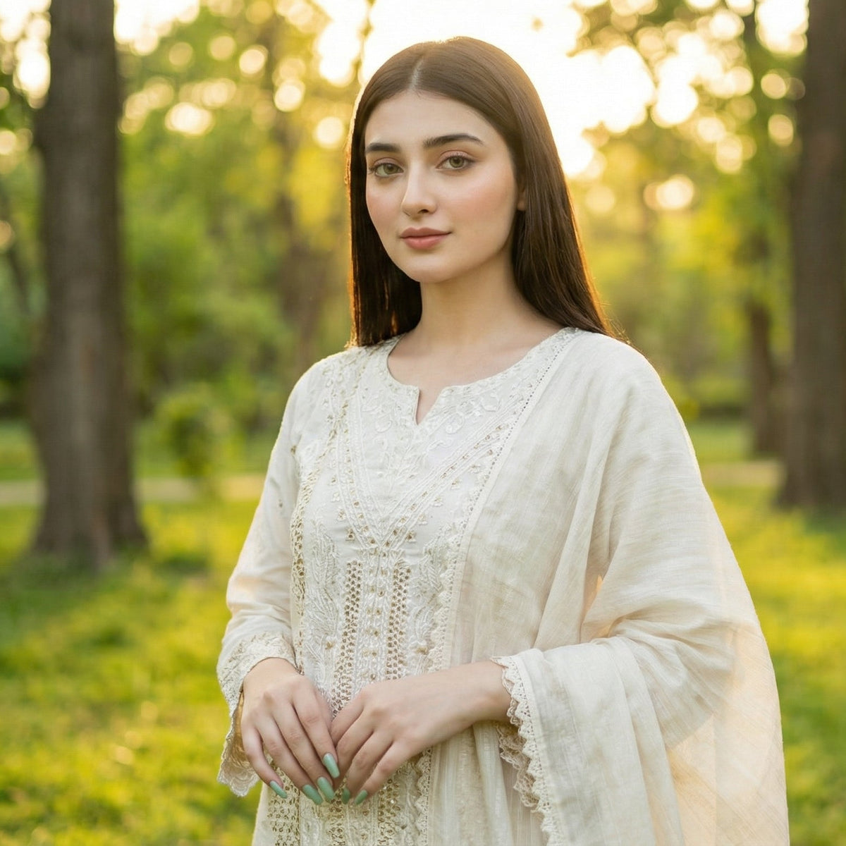 Charming Ecru: Embroidered 3-Piece Cotton Lawn