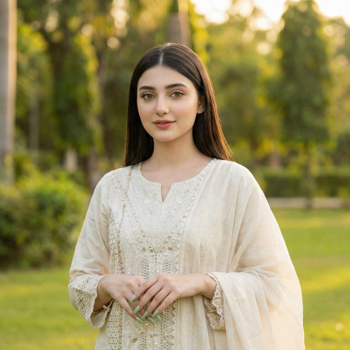 Charming Ecru: Embroidered 3-Piece Cotton Lawn
