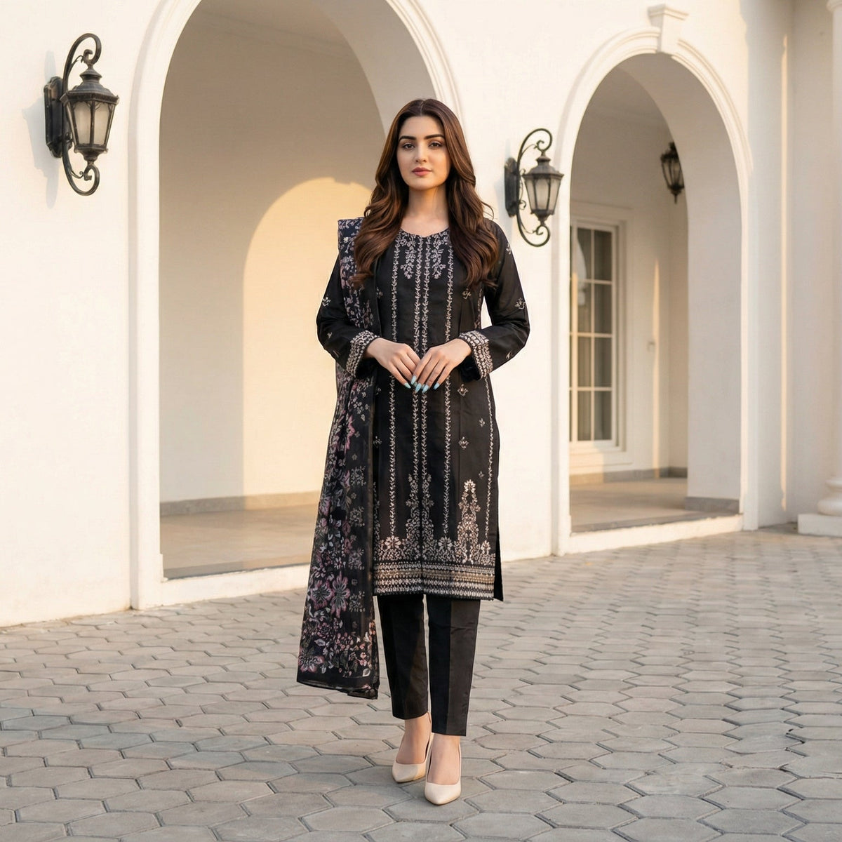 Obsidian Aura: Embroidered 3-Piece Cotton Lawn