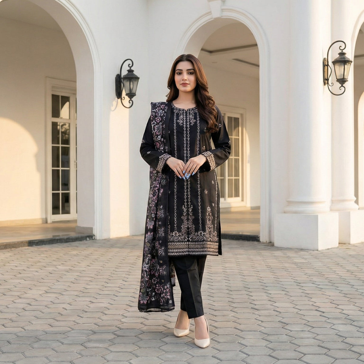 Obsidian Aura: Embroidered 3-Piece Cotton Lawn