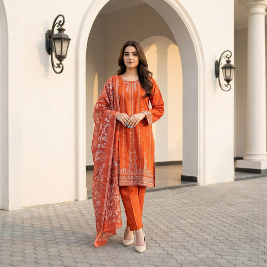Sunset Ember: Embroidered 3-Piece Cotton Lawn