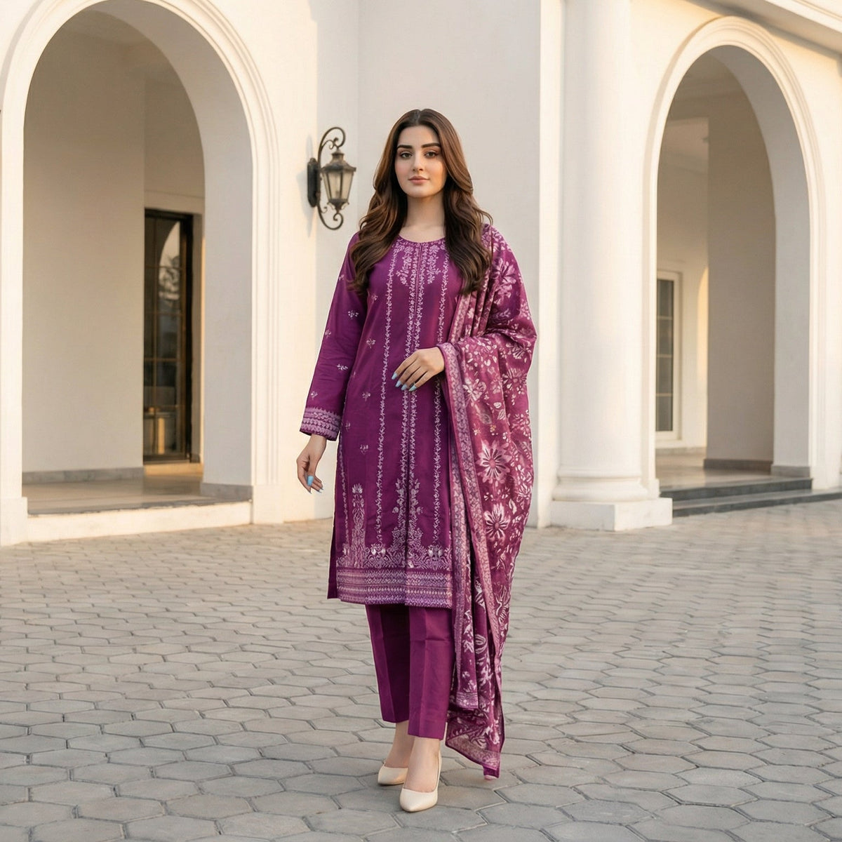 Orchid Dusk: Embroidered 3-Piece Cotton Lawn