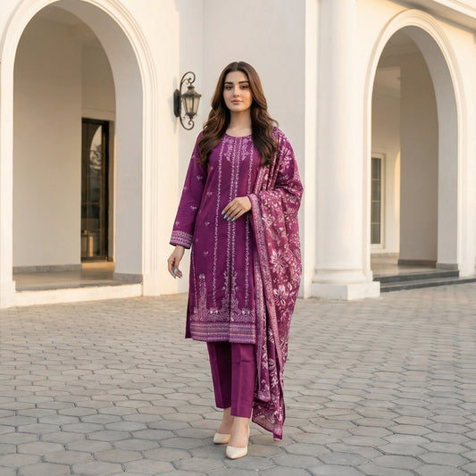 Orchid Dusk: Embroidered 3-Piece Cotton Lawn