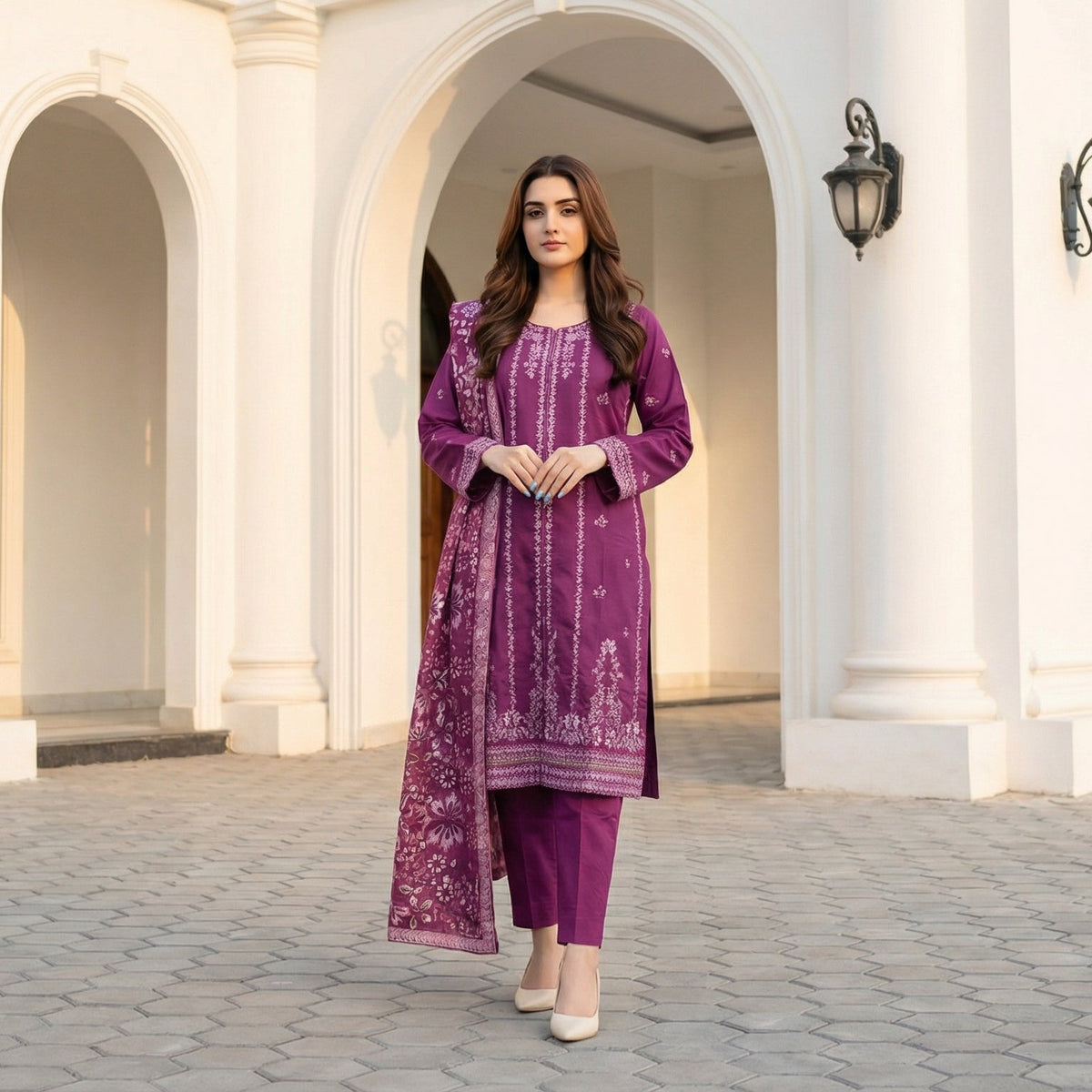 Orchid Dusk: Embroidered 3-Piece Cotton Lawn