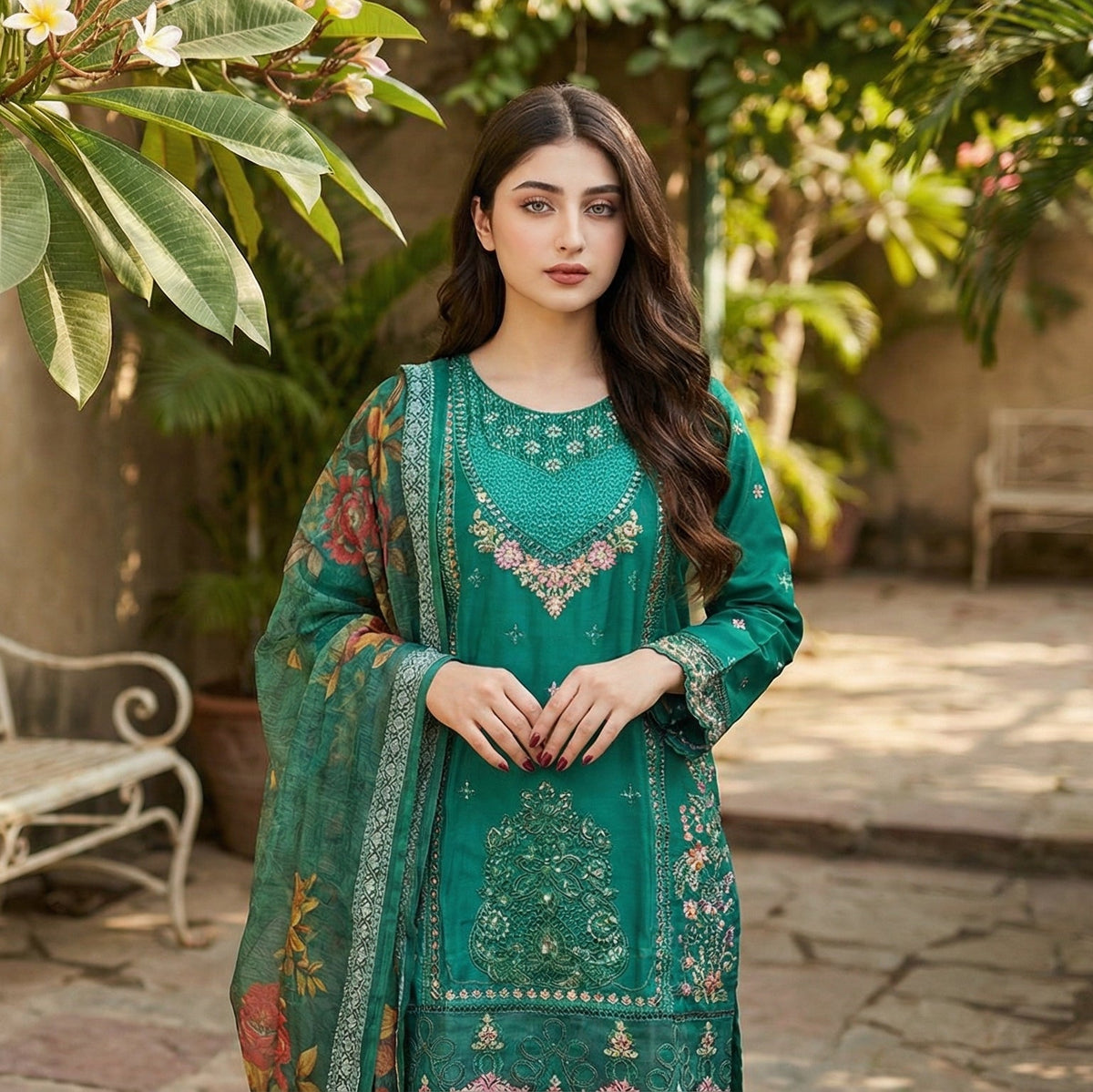 Emerald Elegance: Embroidered 3-Piece Cotton Lawn