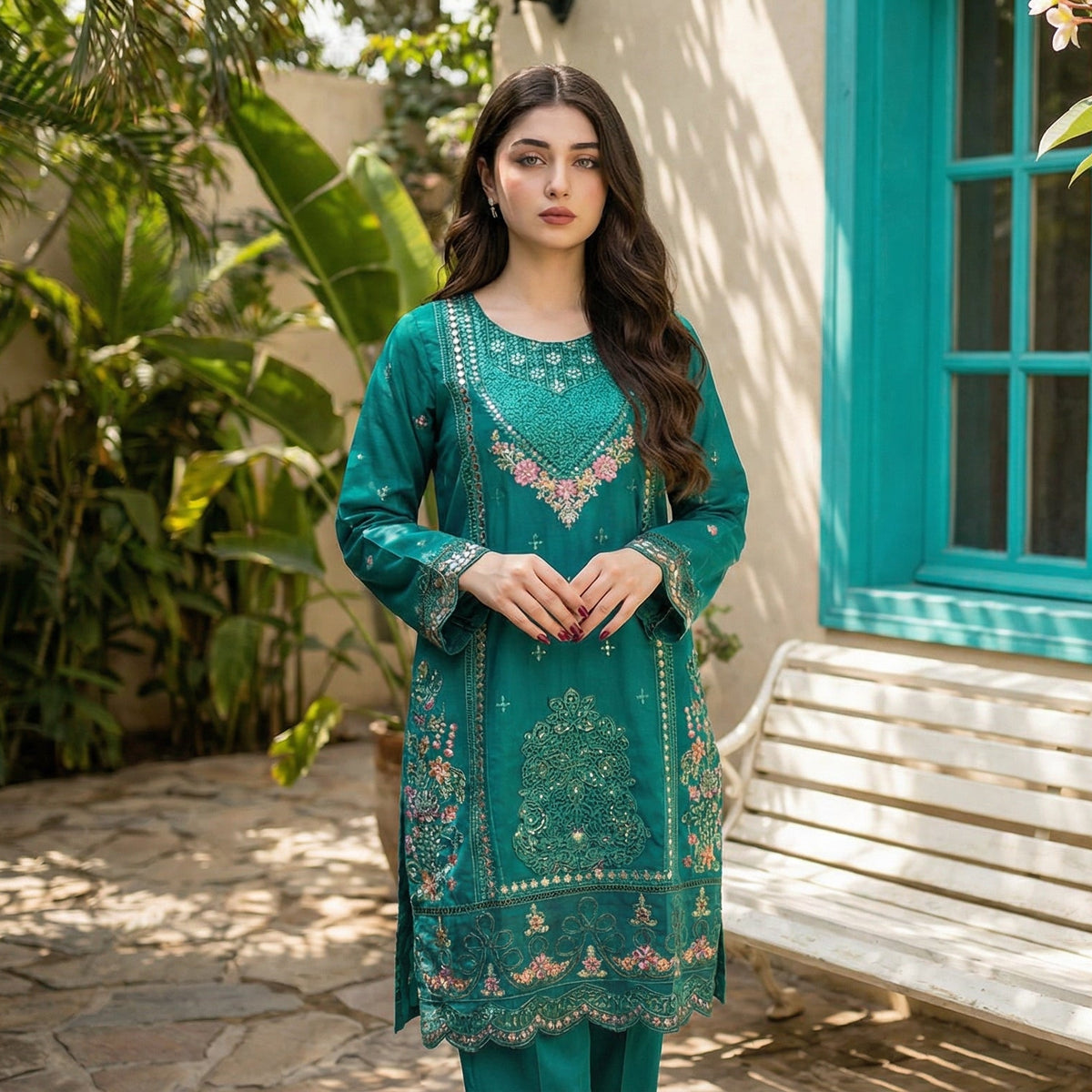 Emerald Elegance: Embroidered 3-Piece Cotton Lawn